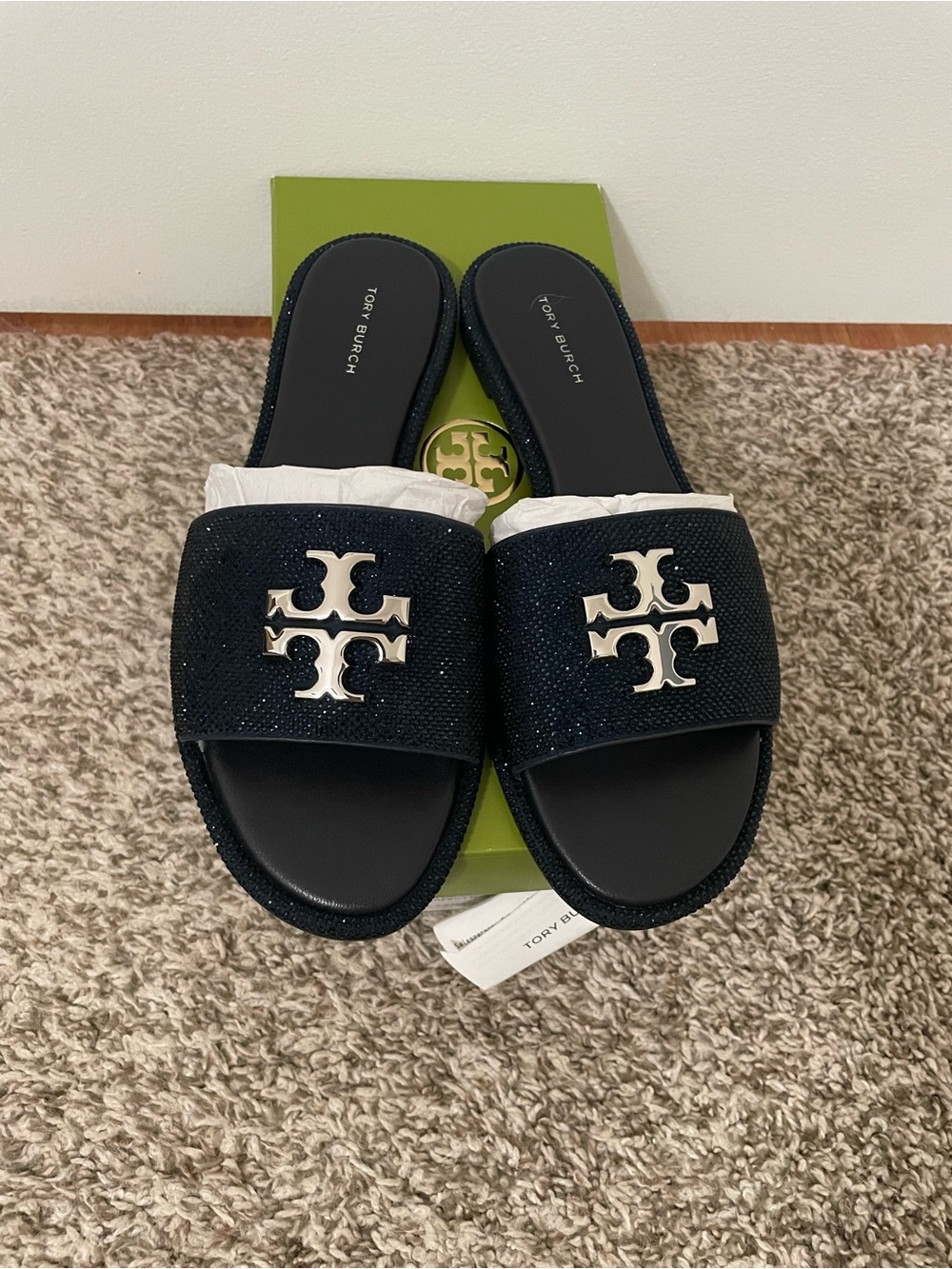 Tory Burch Everly Slide Navy rhinestone
